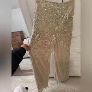 Sequin Embellished Cream Pants